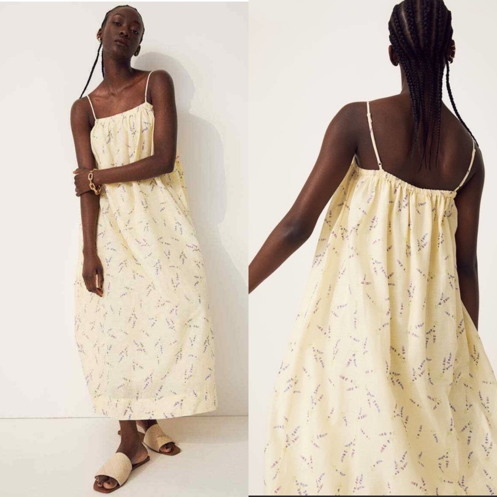 H&M Lavender Floral Maxi Dress – Cotton Linen | Flowy Summer Vacation Dress